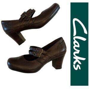 Clarks Artisan Dark Brown Genuine Leather Mary Jane Shoes with Chunky Heel